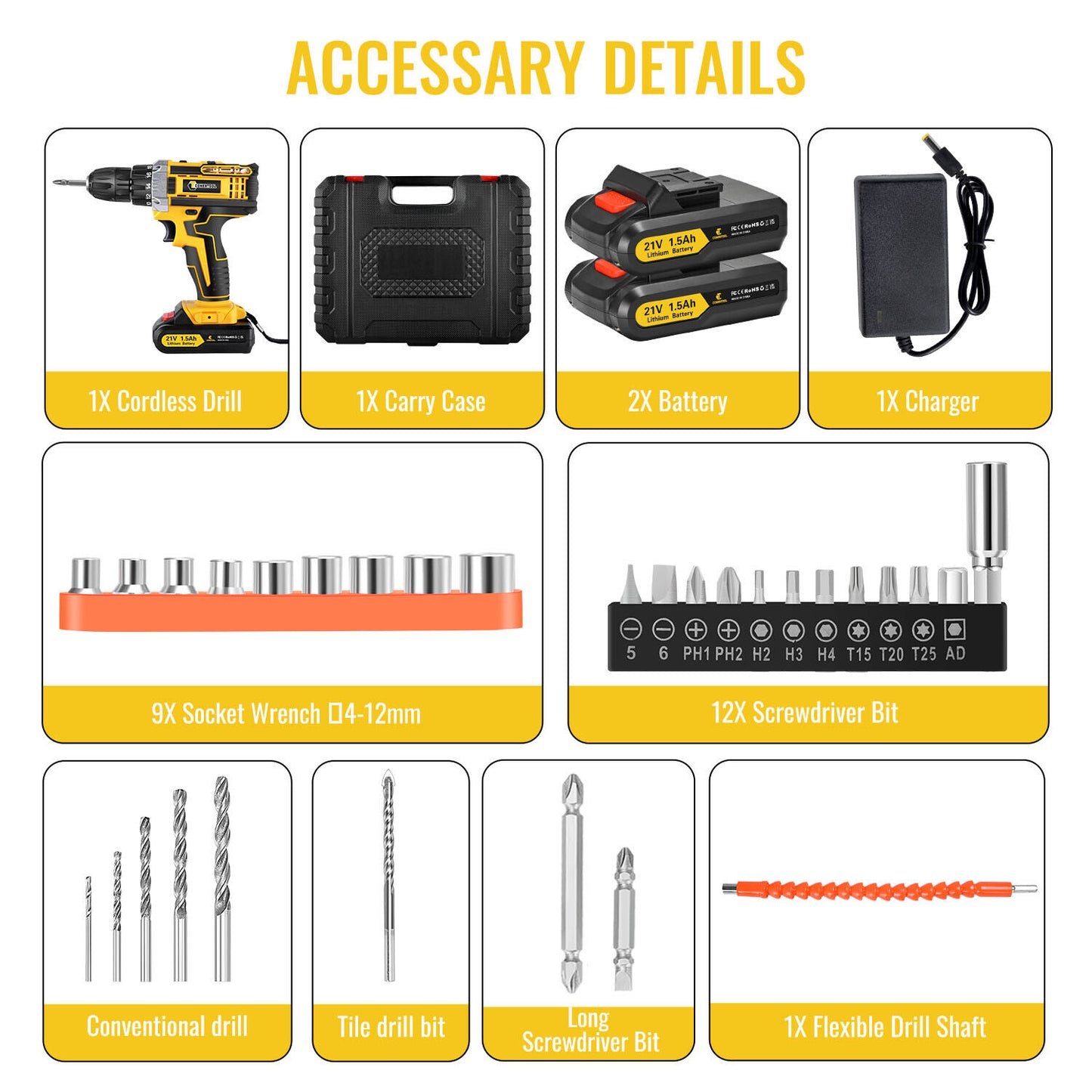 3-in-1 Working Mode 29 Piece Yellow Charging Drill Set